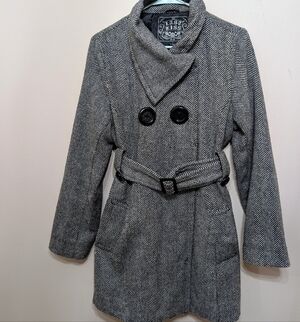 last kiss Black & White Herringbone Belted Trench Coat